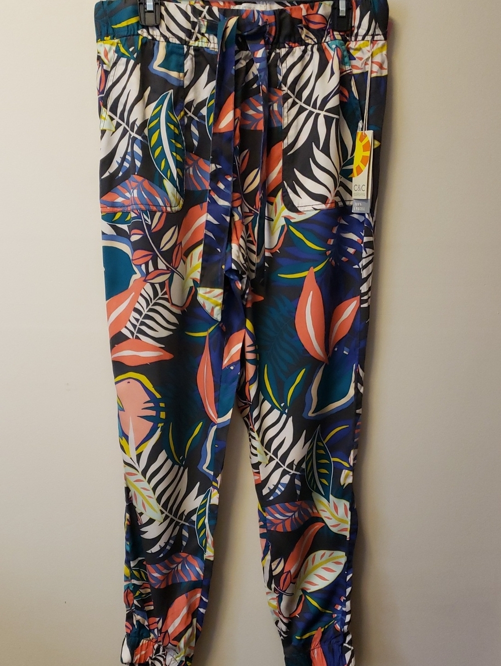 C&C California Tropical Print Drawstring Pants - Blue, Coral, Black